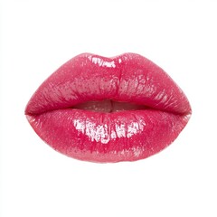 Close-up shot of shiny, full, pink lips. The lips are perfectly shaped and glossy