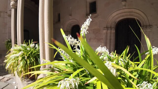 A stunning Gothic-style monastery building decorated with flowers, showcasing detailed historic architecture. Perfect for travel, history, culture, and architecture projects.