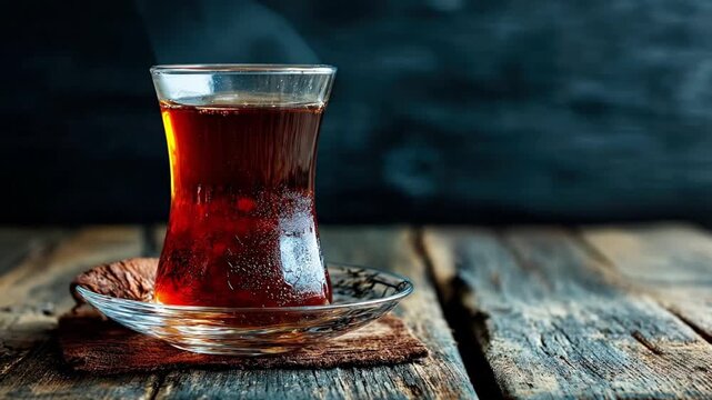 A full glass of dark red tea sits on a glass saucer atop a brown mat on a weathered wooden table