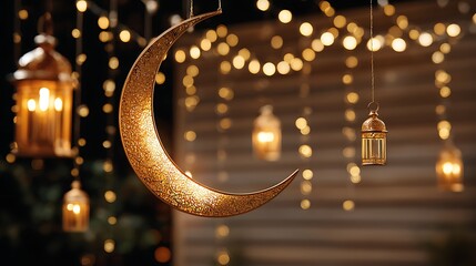 Golden Ramadan Crescent Moon Lanterns Bokeh Lights Islamic Celebration