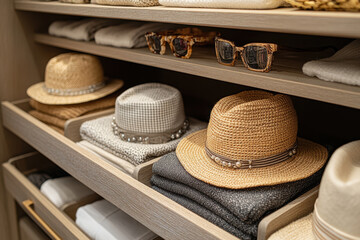 Hat and sunglasses displayed in closet.