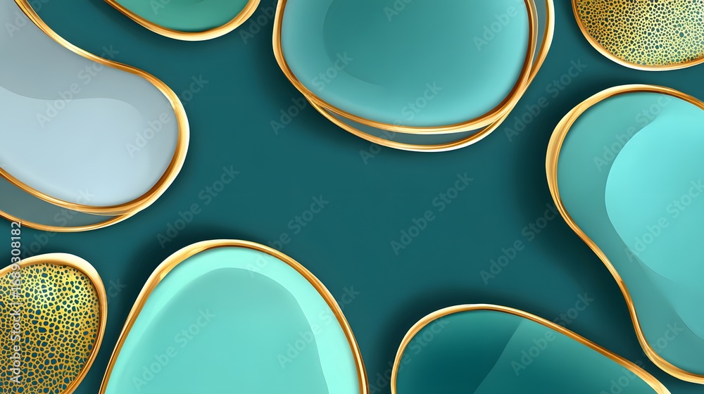 Wall mural abstract fluid shapes with gold edges over teal background creating modern design