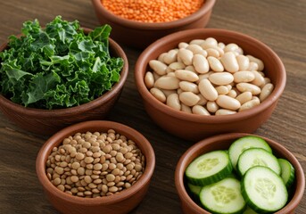 Fototapeta premium Plant based ingredients lentils beans kale and cucumbers styled in rustic bowls