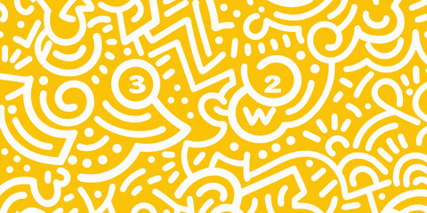 Whimsical white doodle pattern with numbers and abstract shapes on a bright yellow background