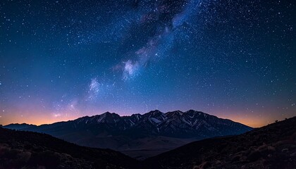 Starry night sky with the Milky Way stretching above snow-capped mountain peaks, creating a serene and breathtaking twilight landscape.