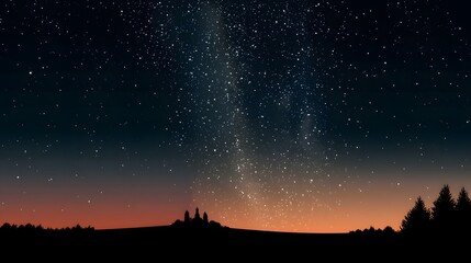 Naklejka premium Starry Sky with Milky Way and Silhouette of Trees at Twilight Horizon