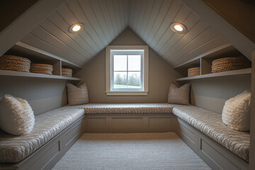 Bench facing windows in a room.