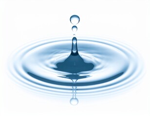 Single water drop falling into clear water, creating ripple effect on white background, minimal and clean concept, symbol of purity and freshness.