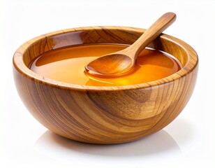 maple syrup held in a rustic wooden bowl, with colorful fall leaves accentuating the seasonal and natural theme.