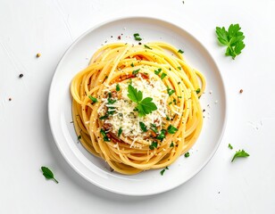 Top view of spaghetti with parmesan cheese and fresh herbs on white plate