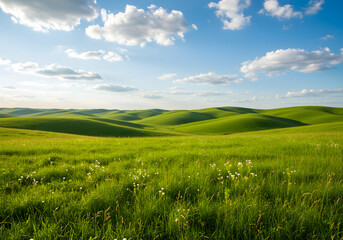 Fototapeta premium Stunning green hills under blue sky evoke peace and tranquility, perfect for landscape design projects