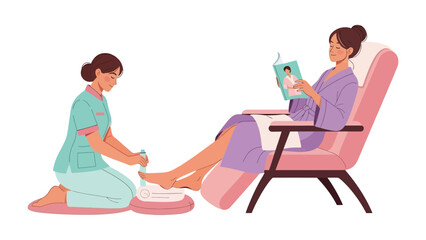 Relaxing pedicure session a woman receives foot care while reading in a comfortable salon chair