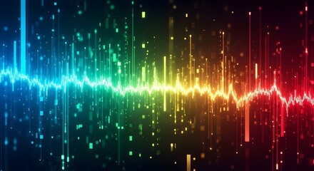 A vibrant, colorful sound wave visualization with particles, representing audio frequencies and energy.