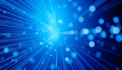 Abstract visualization of a high-speed digital data stream with glowing binary code and light effects.
