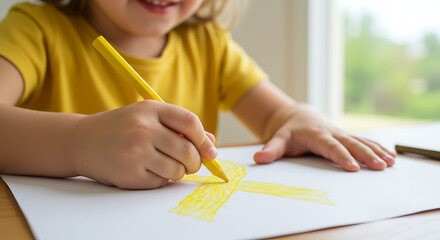 Child drawing a yellow ribbon with crayons on paper, symbolizing hope and education for mental health awareness