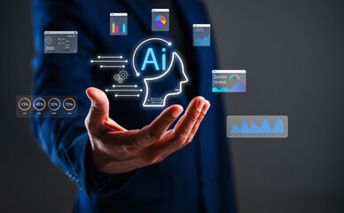 A hand reaches out towards digital icons representing AI and data analytics, symbolizing technology and innovation in the digital age.