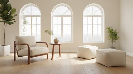 Serene Interior with Natural Light: A well-lit interior showcasing minimalist furniture and a soothing ambiance. The arched windows frame views of the outside, enhancing the room's open and airy feel.