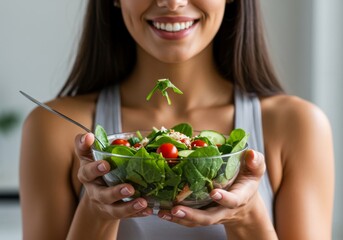 Close-up of young sporty woman holding a fresh salad bowl outdoors