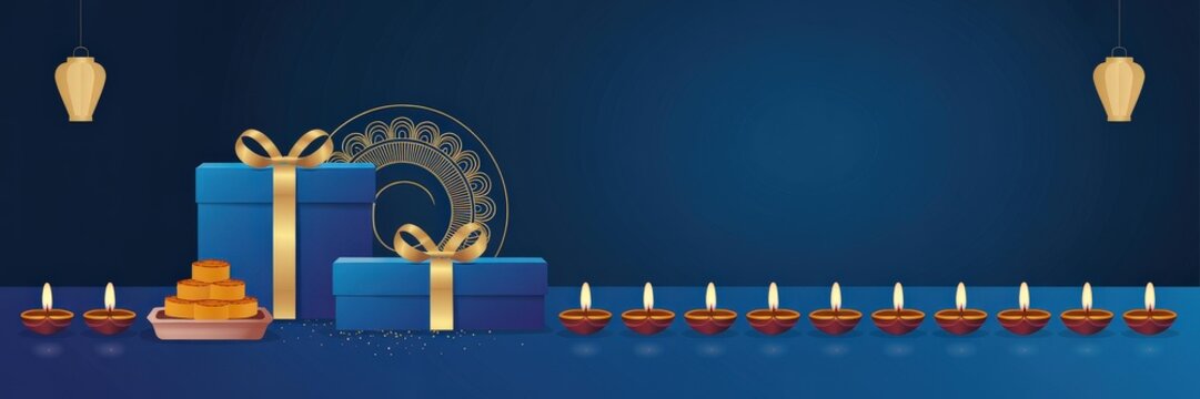 Diwali Sale Banner &mdash; Navy Gold Hero Image Gifts, Dys& Copy Space