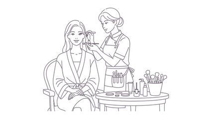 A stylist applies makeup to a seated woman s face in a detailed line drawing illustration
