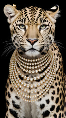 Obraz premium Majestic leopard wearing luxurious diamond necklaces on black background