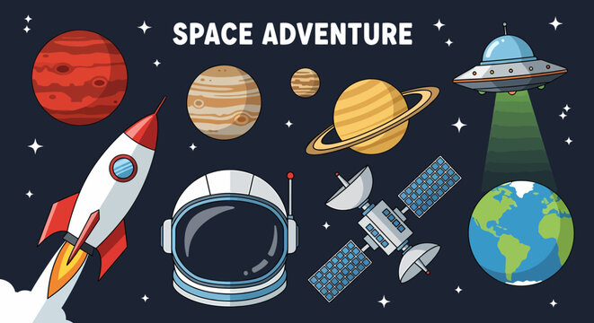 Flat vector space adventure with rocket and planets
