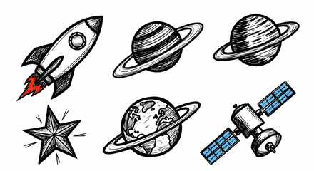 Sketch Style Rocket Planets and Satellite in Space