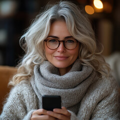 Woman in glasses and a scarf looking at phone.