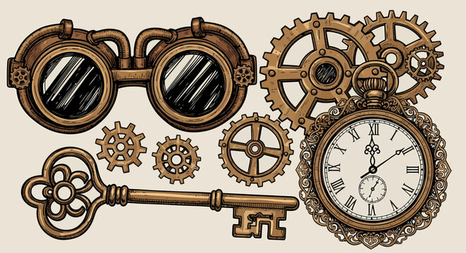 Vintage steampunk goggles gears pocket watch ornate key collection