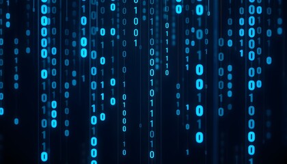 Abstract blue digital rain of binary code 0s and 1s.