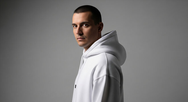 Man in white hoodie looking at camera with serious expression against a grey background.