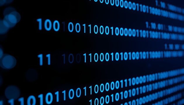 Close-up of glowing blue binary code on a dark screen, representing digital data and computing concepts.