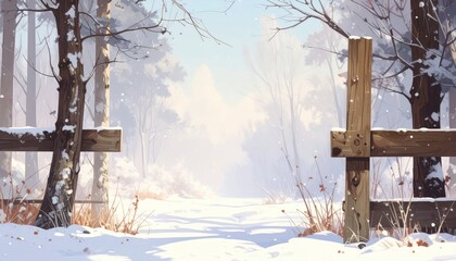 A tranquil winter scene showcasing a snow-covered path framed by a rustic wooden fence