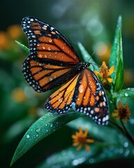 Obraz premium Butterfly resting with water droplets glistening on its vibrant wings.