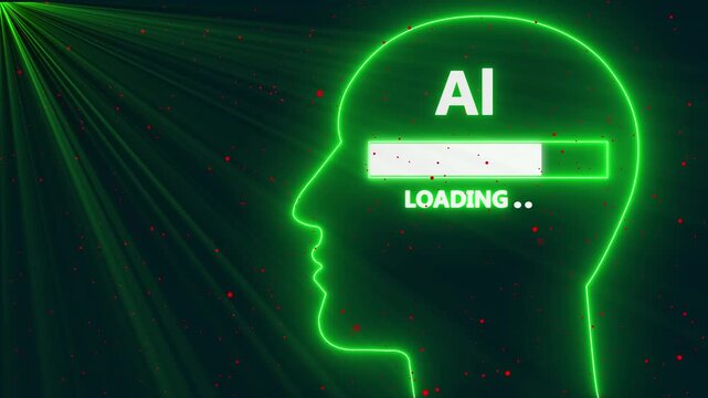 Human Head Profile With AI loading in Mind. Business creativity and Innovation concept. Neon Human Head with AI Development Loading Bar..