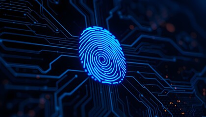 Fingerprint biometric technology, glowing blue fingerprint on a circuit board.