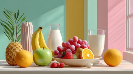 Colorful Still Life Arrangement of Fresh Fruits and Milk on Table Against Vibrant Background