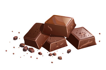 A pile of rich dark chocolate squares and crumbs scattered on a black background representing a delicious treat