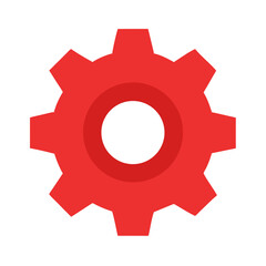 A single bright red gear with a black center and concentric circles on a solid black background representing industry and mechanical engineering