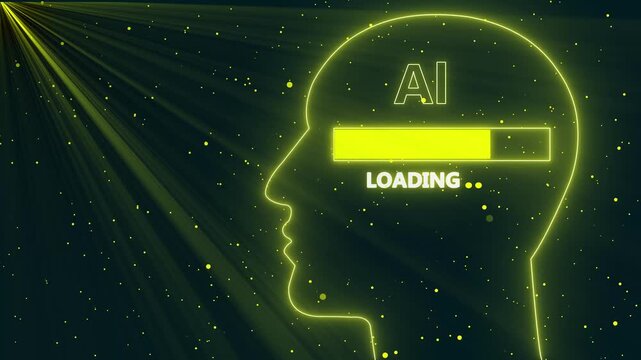 Human Head Profile With AI loading in Mind. Business creativity and Innovation concept. Neon Human Head with AI Development Loading Bar..
