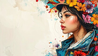 a captivating portrait of a woman adorned with flowers and a denim jacket, exuding natural beauty