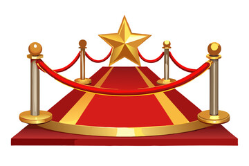 Golden star on a red carpet with stanchions and ropes for vip event red carpet entrance and celebrity access