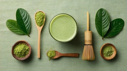 Matcha Tea Flat Lay with Bamboo Whisk, Wooden Spoons and Green Leaves on Linen Background, Minimal Zen Beverage Concept