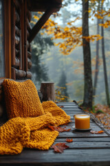 Lit candle illuminating a cozy blanket on table.