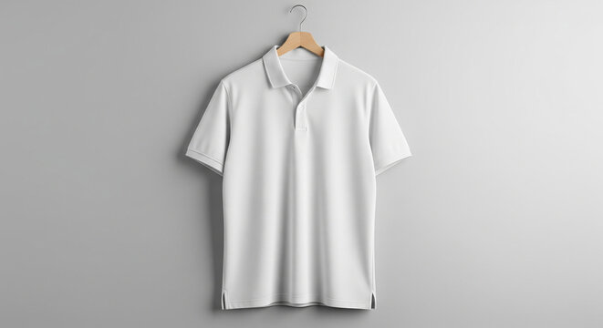 A plain white short-sleeved polo shirt hanging on a wooden hanger against a light grey wall.