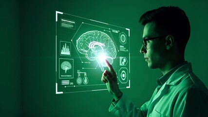 Scientist analyzing a digital brain scan on a futuristic holographic interface for advanced neurological research - Powered by Adobe