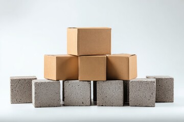 Obraz premium Stacked cardboard boxes on gray blocks
