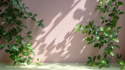 Green vines frame a pink textured wall with soft shadows and a light green surface. It's ideal for backgrounds, product mockups, or adding a natural, organic feel.