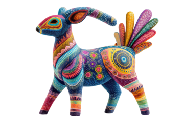 Colorful decorative sculpture of a stylized deer with intricate patterns and vibrant hues, showcasing artistic craftsmanship and cultural significance. on a transparent background