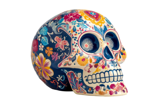 Colorful decorative skull with intricate floral patterns and vibrant colors, showcasing traditional craftsmanship and cultural significance Day of the Dead. on a transparent background